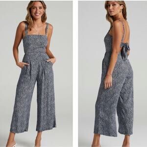 ShowPo Life On The Road Floral Open Back Square Neck Jumpsuit Blue White 8